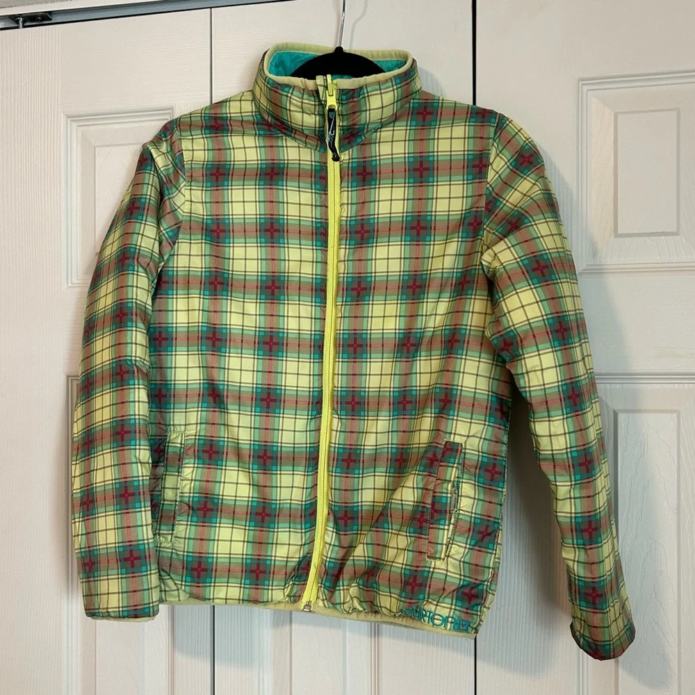 Burton Plaid and Teal Reversible Jacket Fall Kid Sz Medium Yellow Accent Zipper